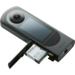 Ricoh 360-degree camera with battery compartment open, available at Camix UK.