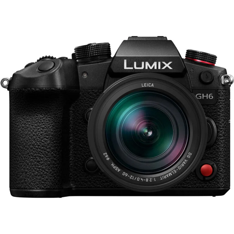 Panasonic Lumix GH6 mirrorless camera with Leica lens, available at Camix UK.