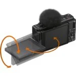Sony camera with flip-out screen and microphone, ideal for vlogging and video recording.