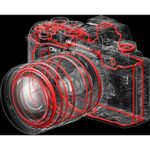 Transparent view of a digital camera showcasing internal components and lens structure.