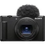 Sony digital camera with Zeiss lens and microphone, ideal for vlogging and photography.