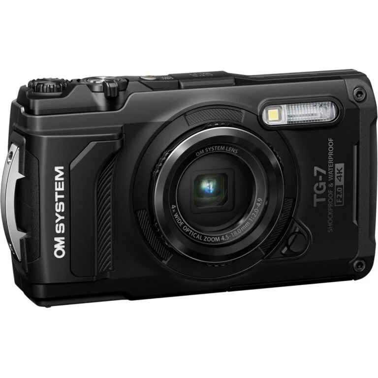 OM System TG-7 waterproof digital camera with 4K video capability.