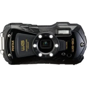 Pentax WG-90 adventure-proof camera with rugged design and LED lights, ideal for outdoor photography.