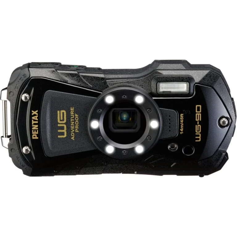 Pentax WG-90 adventure-proof camera with rugged design and LED lights, ideal for outdoor photography.