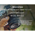 OM System camera with M.Zuiko Digital ED 9-18mm lens, ideal for wide-angle photography.
