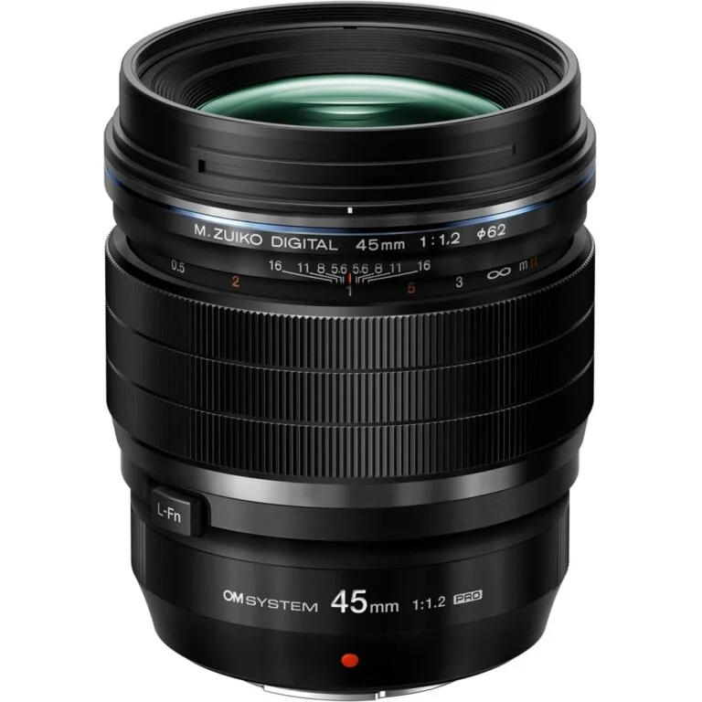 Olympus M.Zuiko Digital 45mm f/1.2 Pro lens for Micro Four Thirds cameras.