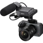 Sony cinema camera with microphone, ideal for professional videography and filmmaking.