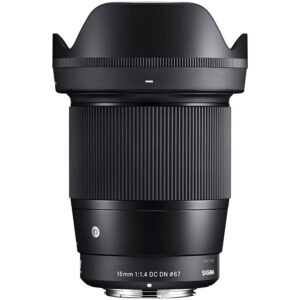 Sigma 16mm f/1.4 DC DN lens for mirrorless cameras, ideal for wide-angle photography.