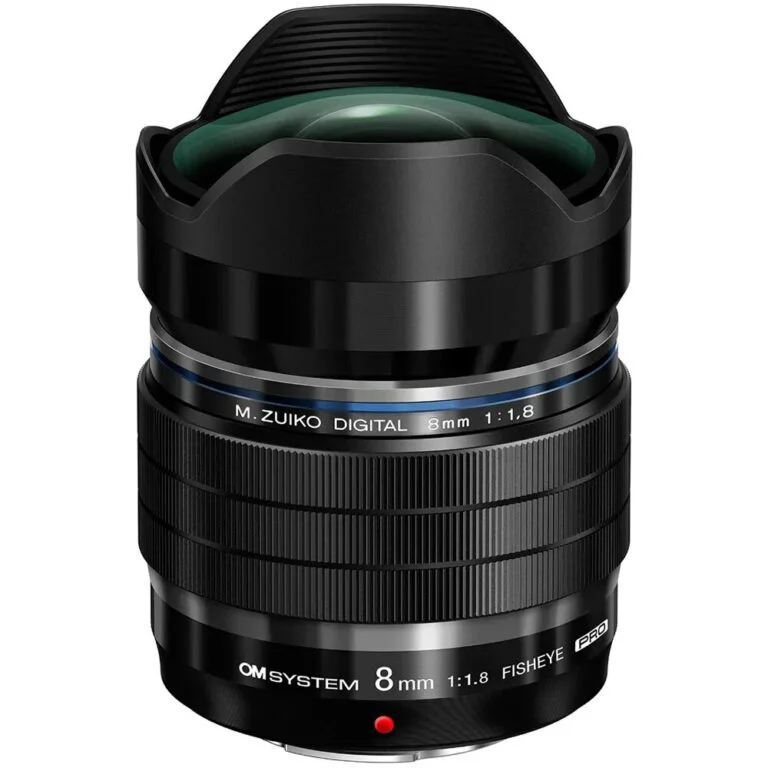 Olympus M.Zuiko Digital 8mm f/1.8 fisheye lens for Micro Four Thirds cameras.