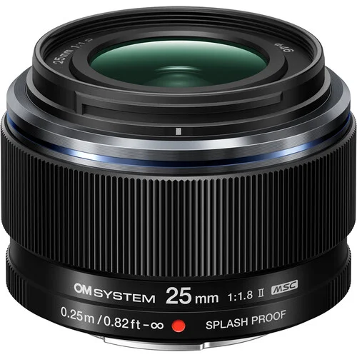 OM System 25mm f/1.8 II lens, splash proof, ideal for Micro Four Thirds cameras.
