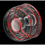 Detailed view of a camera lens with red accents, showcasing optical elements.