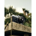 Vintage-style camera on stone ledge with trees in background.