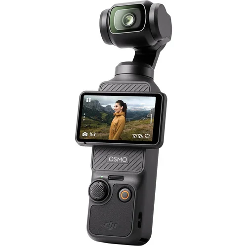 DJI Osmo Pocket handheld camera with screen displaying a landscape view.