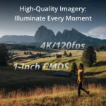 Woman walking in scenic landscape with mountains, promoting high-quality camera imagery.