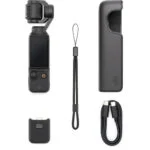 DJI camera gimbal with accessories including case, strap, and cables.