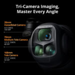 Close-up of a tri-camera system with Hasselblad lenses for versatile photography.