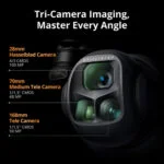 Close-up of a tri-camera system with Hasselblad lenses for versatile photography.