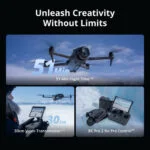 DJI drone with 51-minute flight time and 30km video transmission, shown with RC Pro 2 controller.