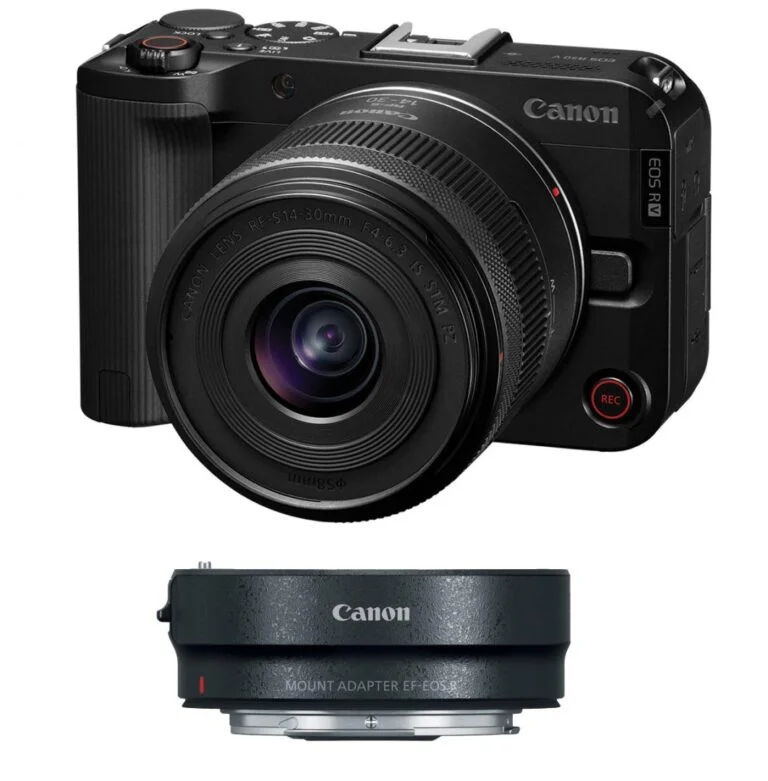 Canon EOS R camera with lens and mount adapter, available at Camix UK.