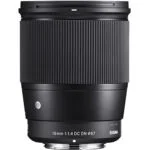 Sigma 16mm f/1.4 DC DN lens for mirrorless cameras, ideal for wide-angle photography.