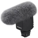 Sony camera microphone with windscreen for clear audio recording.