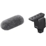 Sony camera microphone with windscreen, ideal for professional video recording.