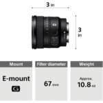 Sony E-mount lens with 67mm filter diameter, weighing 10.8 oz.