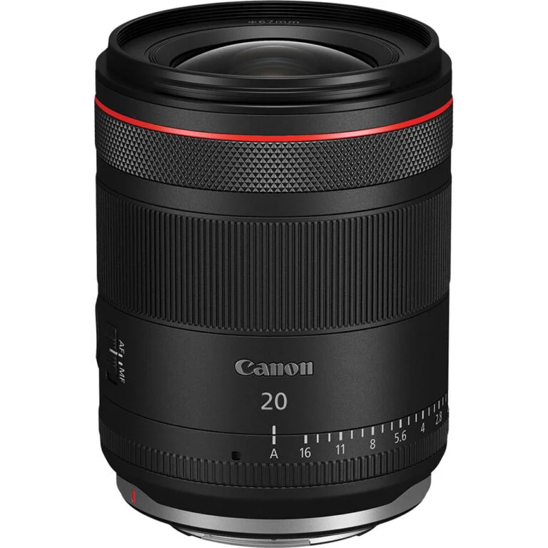 Canon RF 20mm lens for mirrorless cameras, ideal for wide-angle photography.