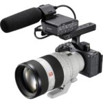 Sony cinema camera with professional lens and microphone setup.
