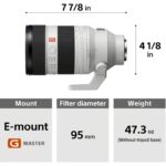 Sony G Master E-mount lens with 95mm filter diameter, 47.3 oz weight.