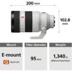 Sony G Master E-mount lens with 95mm filter diameter and 1340g weight.