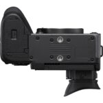 Bottom view of a professional mirrorless camera body with electronic viewfinder.