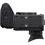 Bottom view of a professional mirrorless camera body with electronic viewfinder.