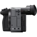 Side view of a professional digital camera body with electronic viewfinder.