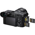Sony mirrorless camera with dual SD card slots, ideal for professional photography and videography.