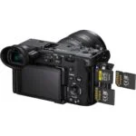 Sony mirrorless camera with dual SD card slots, ideal for professional photography and videography.