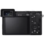 Rear view of a digital camera with a tilting screen and electronic viewfinder.