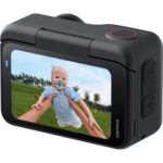 Insta360 camera capturing a playful outdoor moment with a child.
