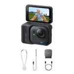 Insta360 GO 3 camera with accessories including strap, mount, and charging cable.