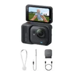 Insta360 GO 3 camera with accessories including strap, mount, and charging cable.