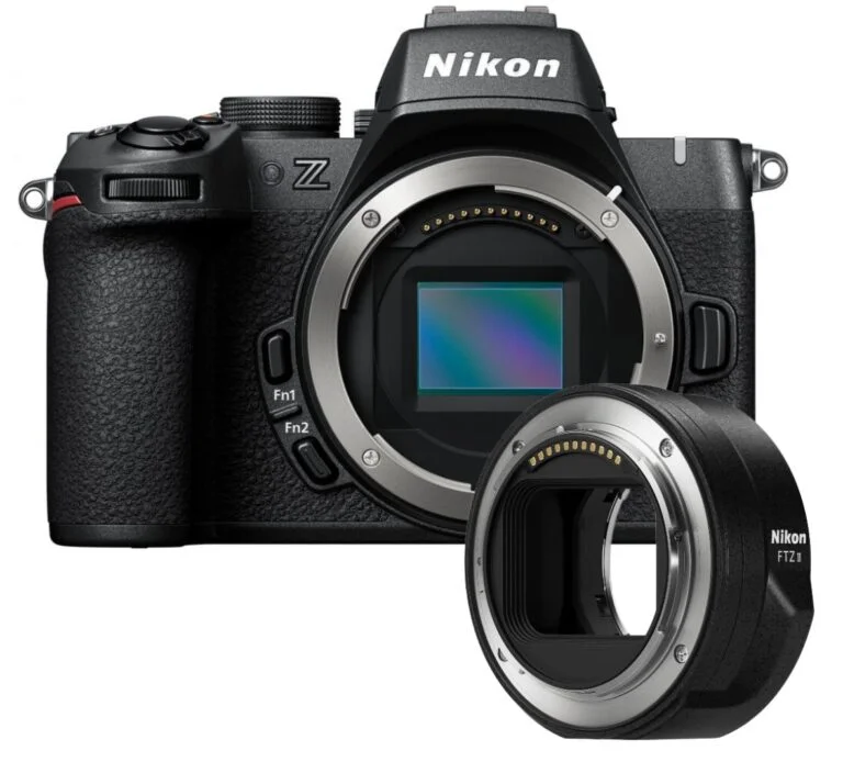 Nikon Z camera body with FTZ adapter for versatile lens compatibility.