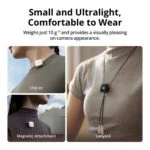 Compact and lightweight camera microphone with clip-on, magnetic, and lanyard options.