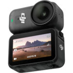 DJI action camera with front and back screens, ideal for video and photography.