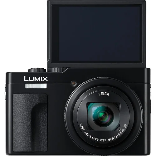 Panasonic Lumix digital camera with flip-up screen, ideal for vlogging and photography.