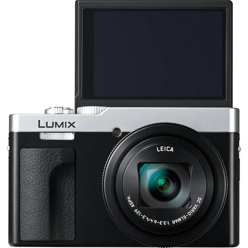 Panasonic Lumix digital camera with flip-up screen, ideal for vlogging and photography.
