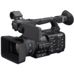 Sony professional camcorder with lens and viewfinder, ideal for video production.