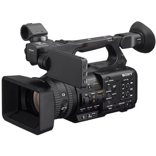 Sony professional camcorder with lens and viewfinder, ideal for video production.