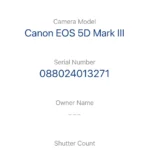 Canon EOS 5D Mark III camera details with shutter count.