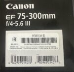 Canon EF 75-300mm f/4-5.6 III lens box, photography equipment.