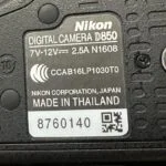 Nikon D850 digital camera label showing model and manufacturing details.